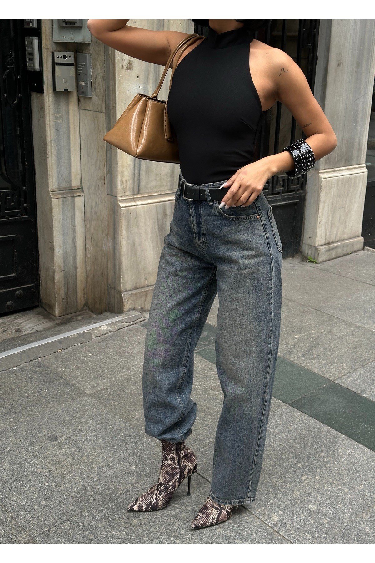 Kadın Baggy Jean Yüksek Bel Palazzo Esnek Kot Pantolon