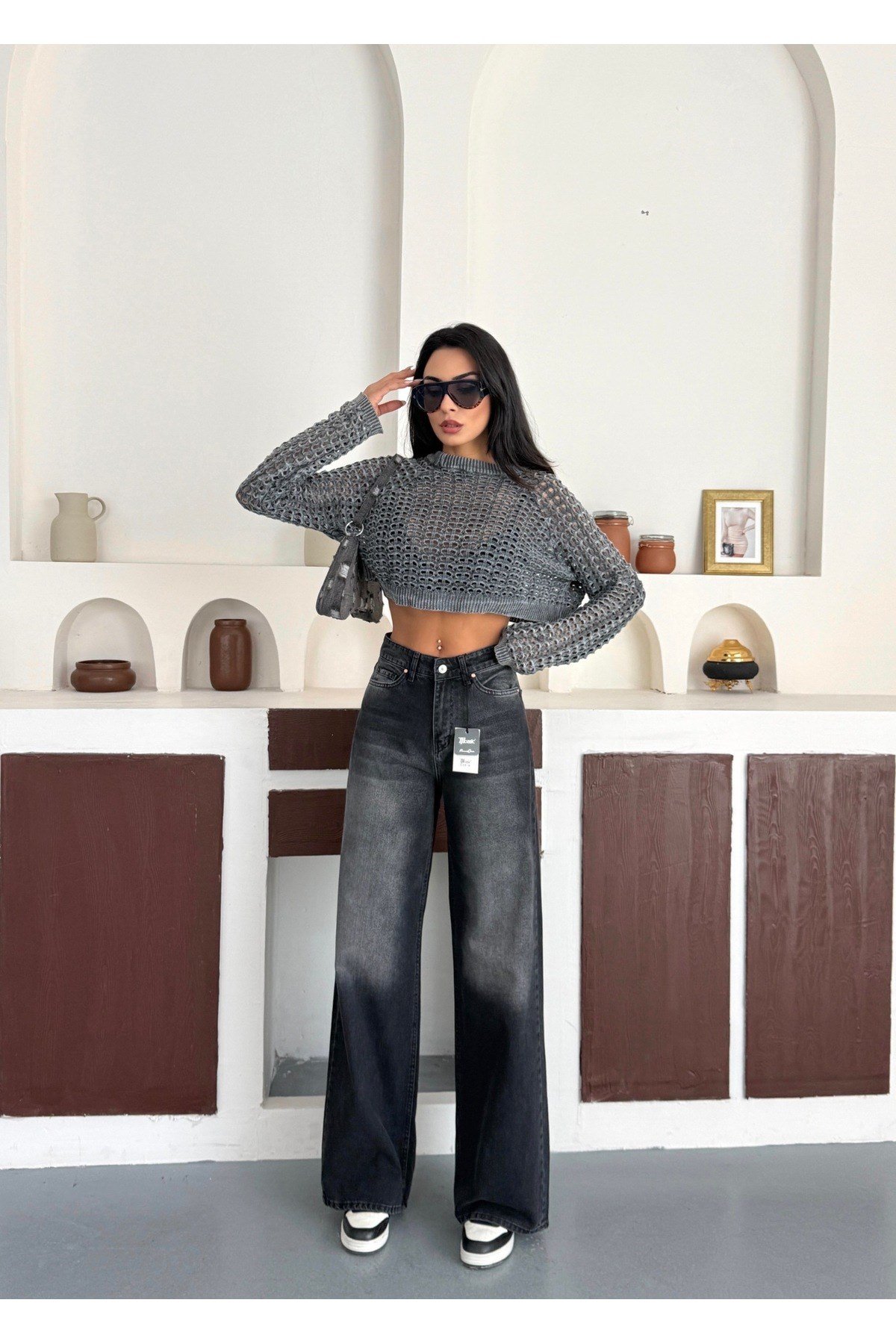 Kadın Baggy Jean Yüksek Bel Palazzo Esnek Kot Pantolon