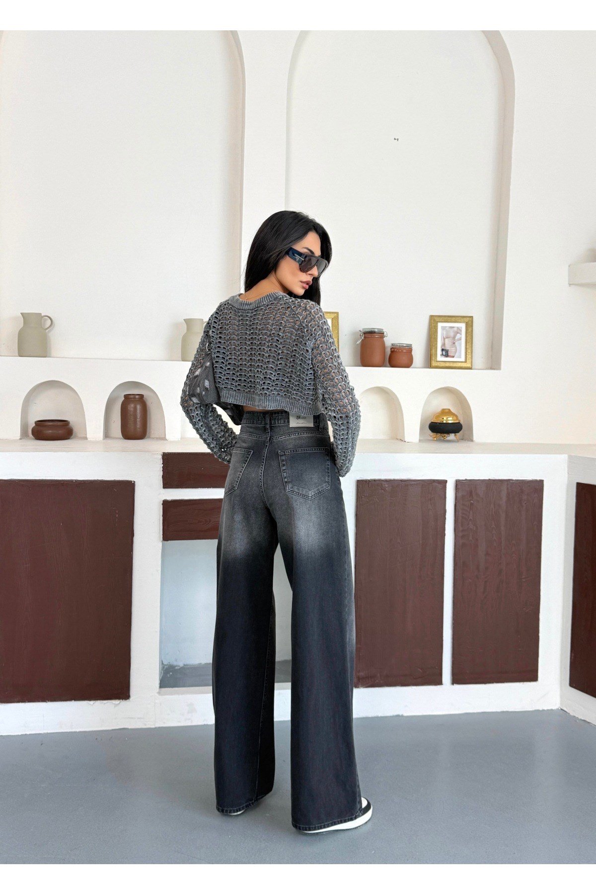 Kadın Baggy Jean Yüksek Bel Palazzo Esnek Kot Pantolon