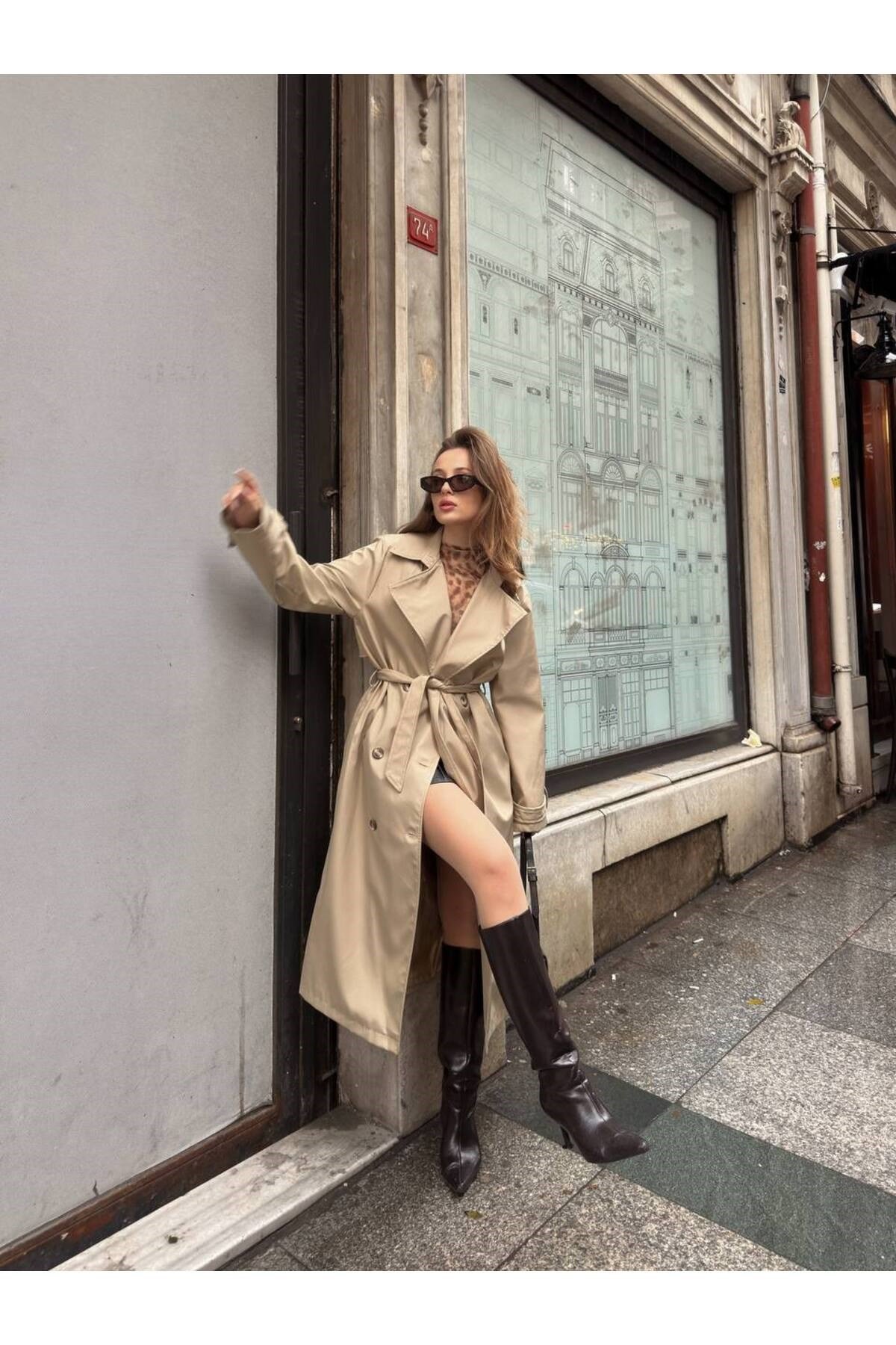 Kadın Bej Kruvaze Yaka Trençkot