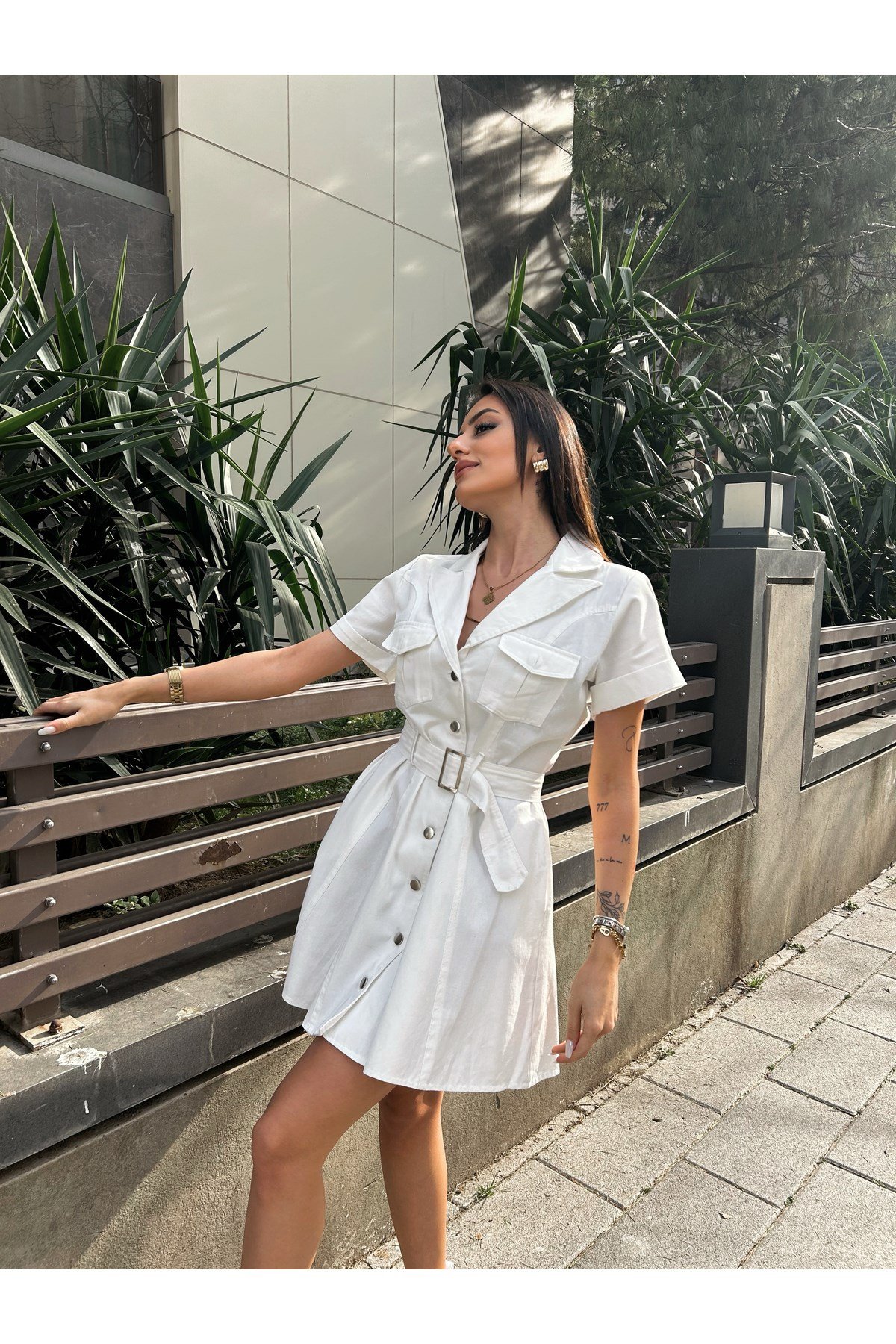 Kadın Beyaz Gabardin Kemerli Elbise