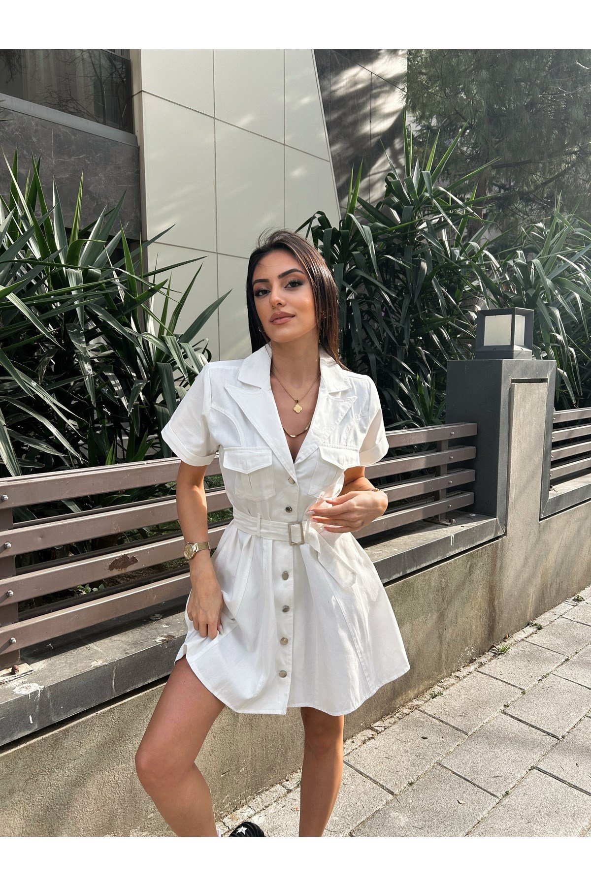 Kadın Beyaz Gabardin Kemerli Elbise
