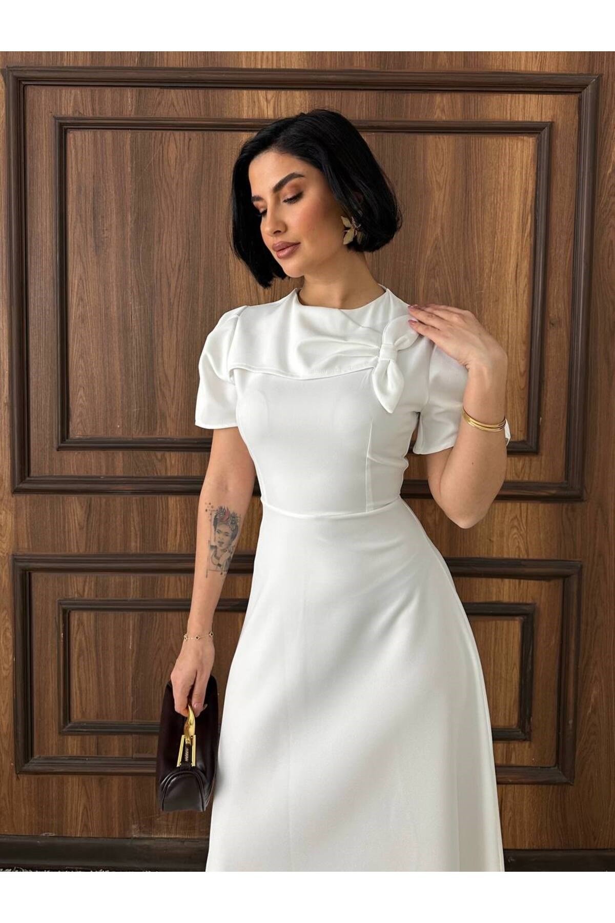 Kadın Beyaz Şık Nikah Ve Davet Elbisesi Midi Boy