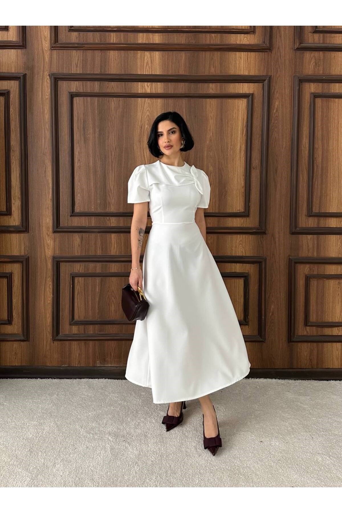 Kadın Beyaz Şık Nikah Ve Davet Elbisesi Midi Boy