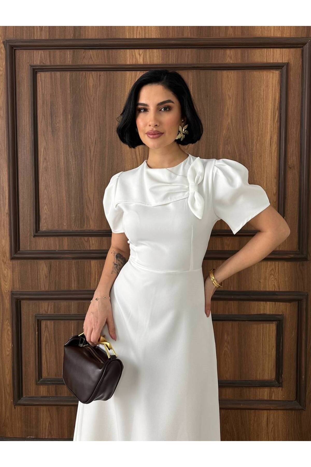 Kadın Beyaz Şık Nikah Ve Davet Elbisesi Midi Boy