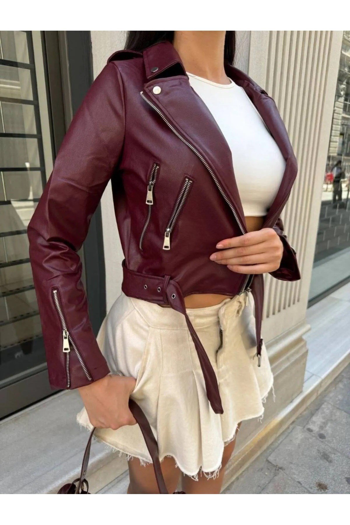 Kadın Bordo Deri Ceket Yeni Model