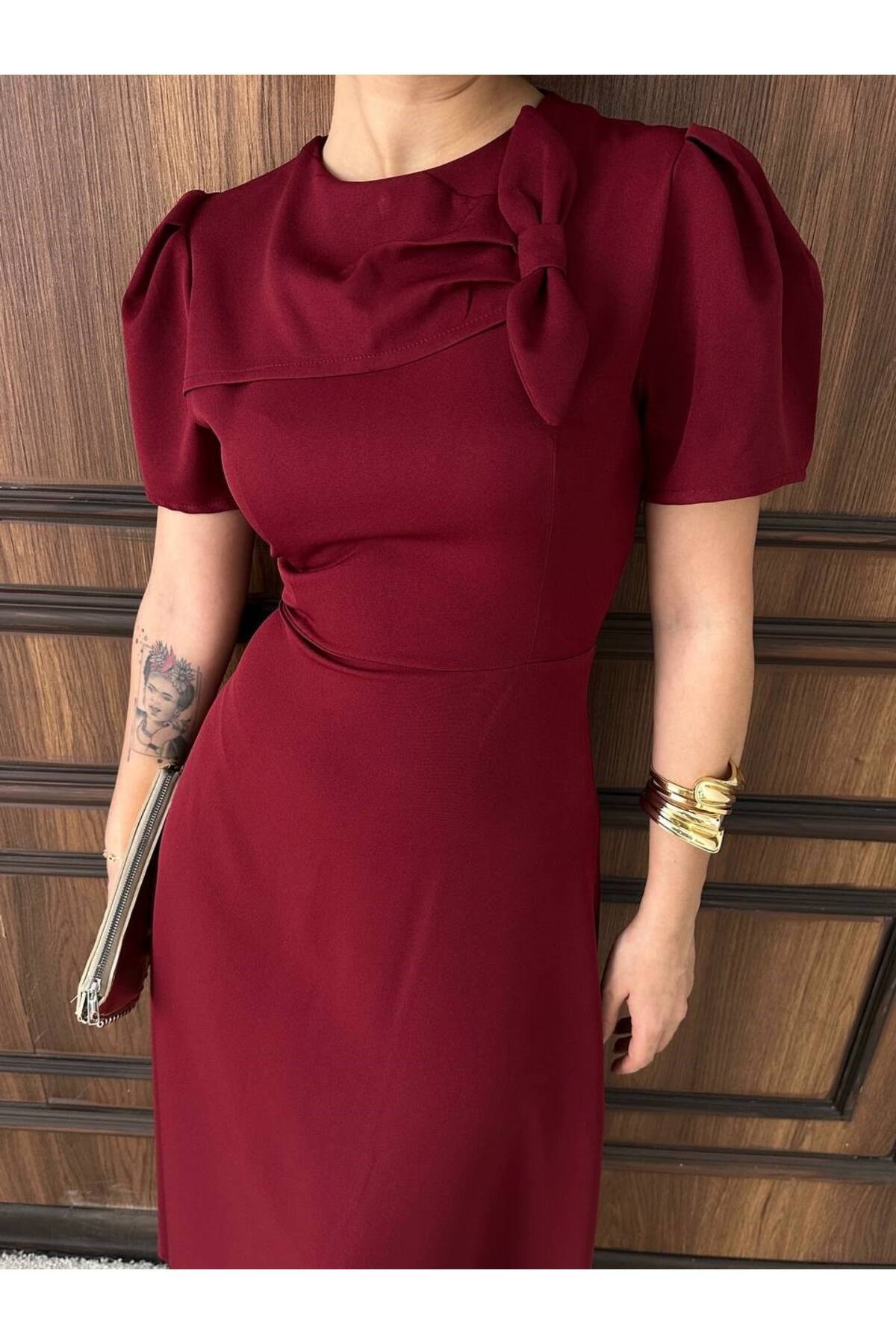 Kadın Bordo Şık Nikah Ve Davet Elbisesi Midi Boy