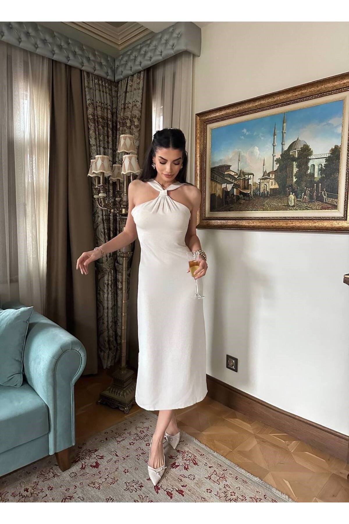 Kadın Boyun Bağlama Krem Elbise