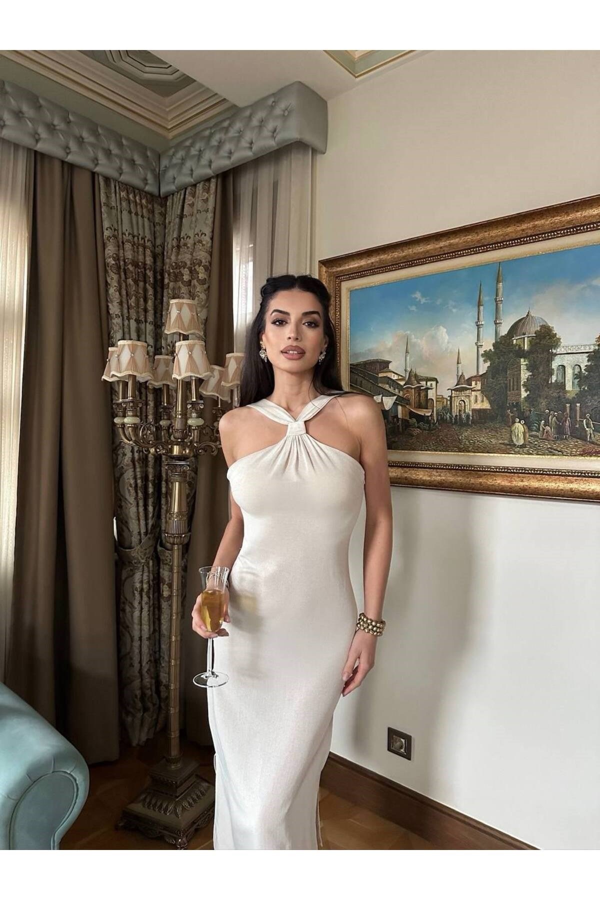 Kadın Boyun Bağlama Krem Elbise