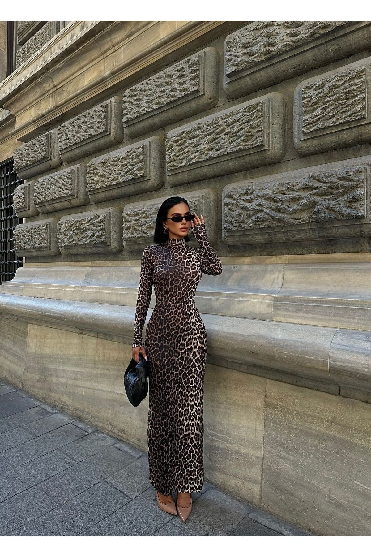 Kadin Camel Siyah Leopar Desenli Maxi Elbise