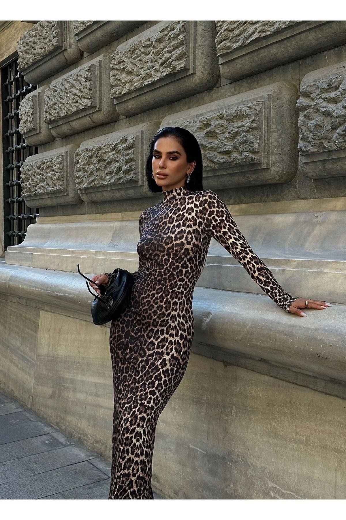 Kadin Camel Siyah Leopar Desenli Maxi Elbise