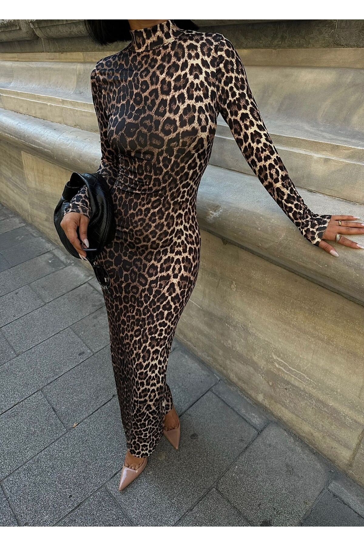 Kadin Camel Siyah Leopar Desenli Maxi Elbise