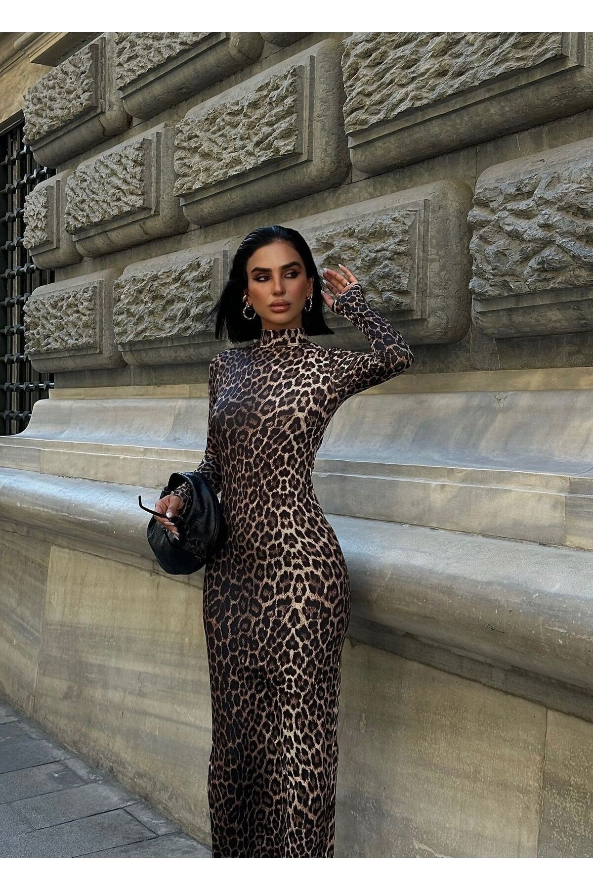 Kadin Camel Siyah Leopar Desenli Maxi Elbise
