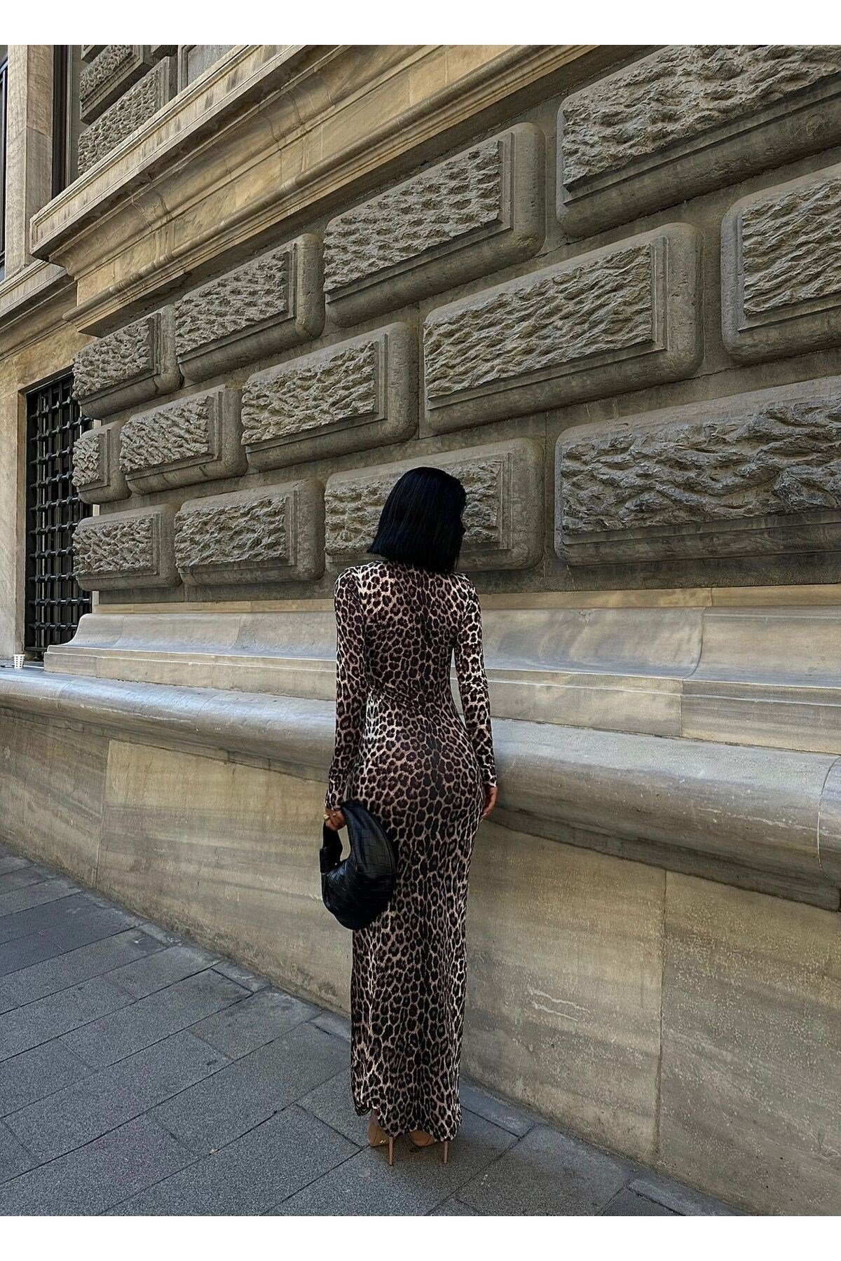 Kadin Camel Siyah Leopar Desenli Maxi Elbise