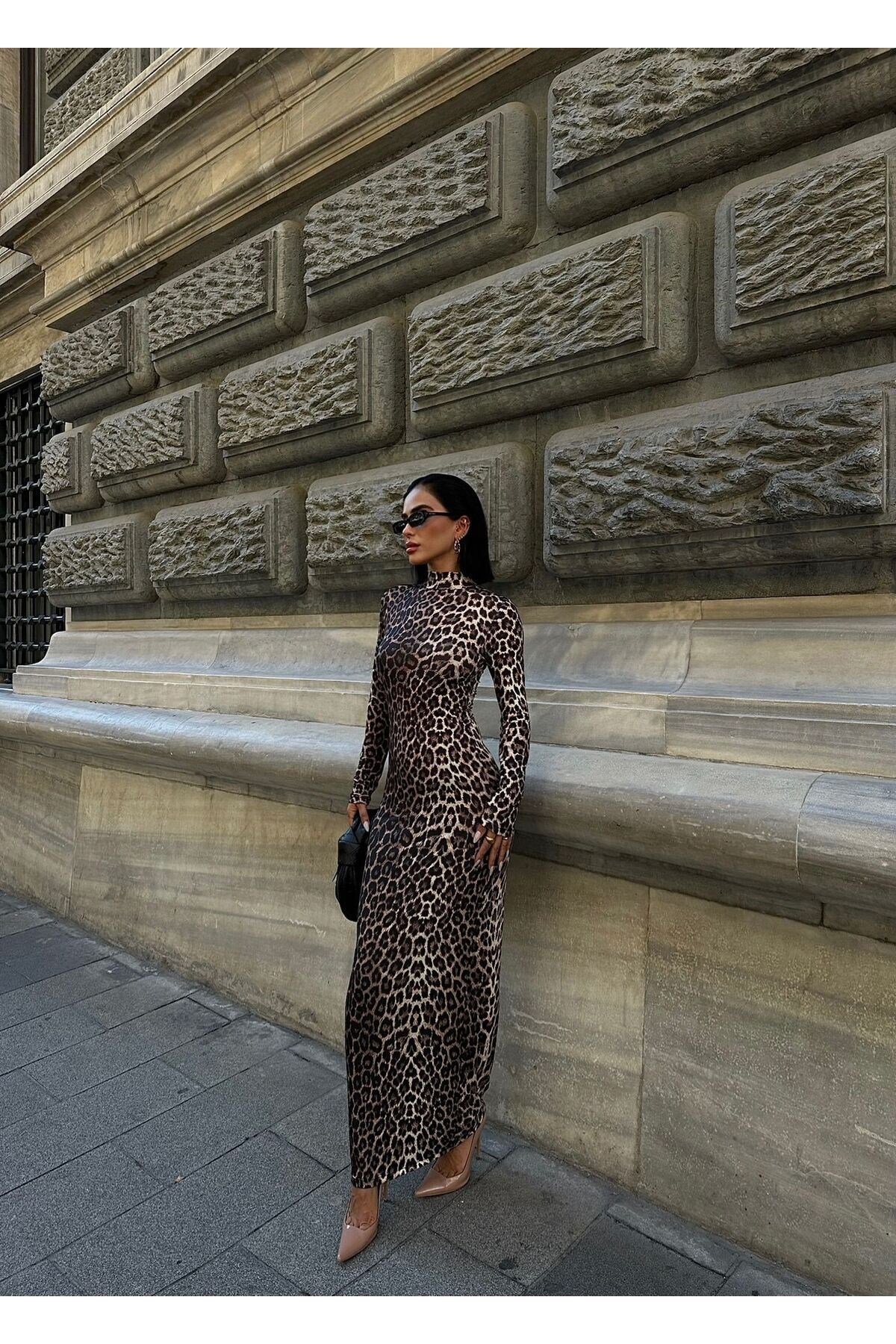 Kadin Camel Siyah Leopar Desenli Maxi Elbise