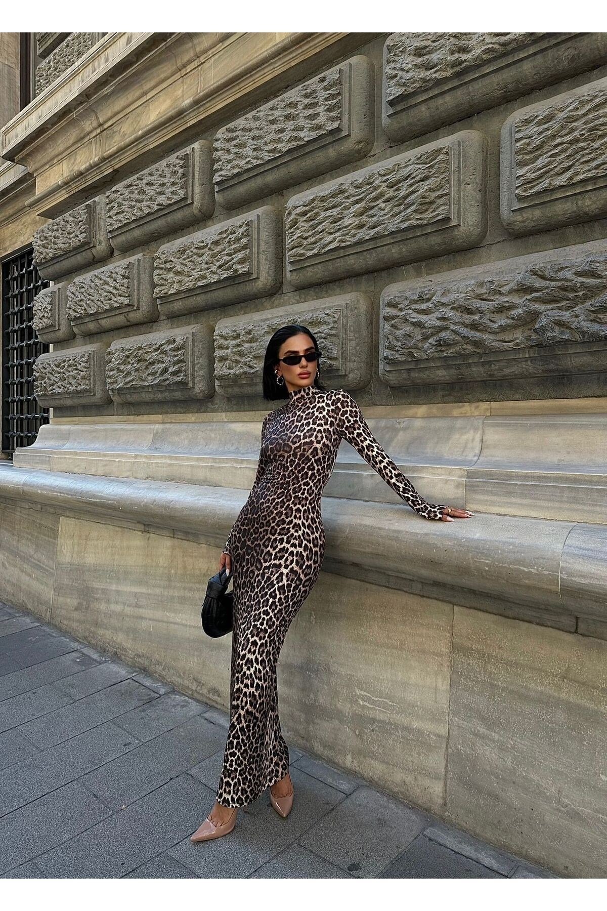 Kadin Camel Siyah Leopar Desenli Maxi Elbise