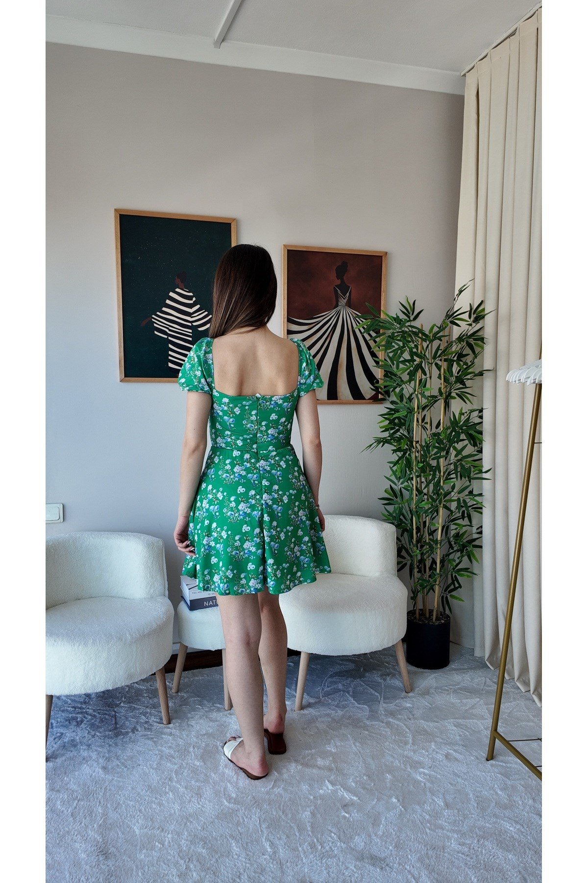 Kadın Çiçekli Düğme Detaylı Mini Elbise