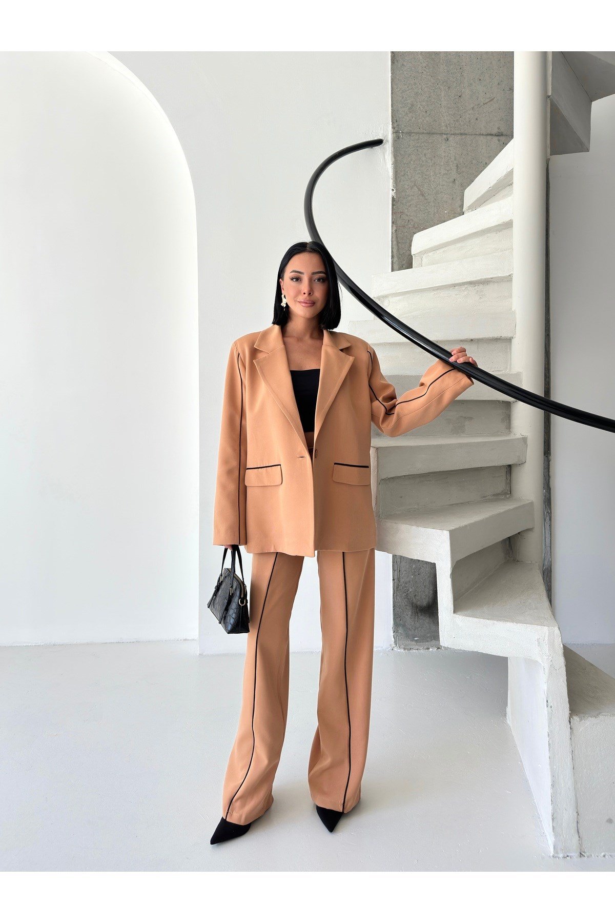 Kadın Çizgi Biyeli Blazer Ceket Pantolon Takım Elbise