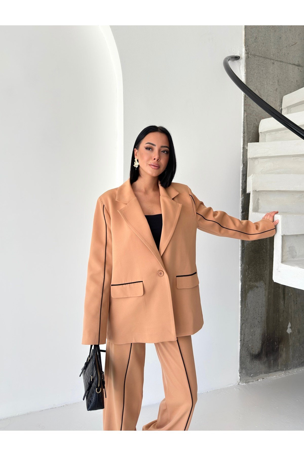 Kadın Çizgi Biyeli Blazer Ceket Pantolon Takım Elbise