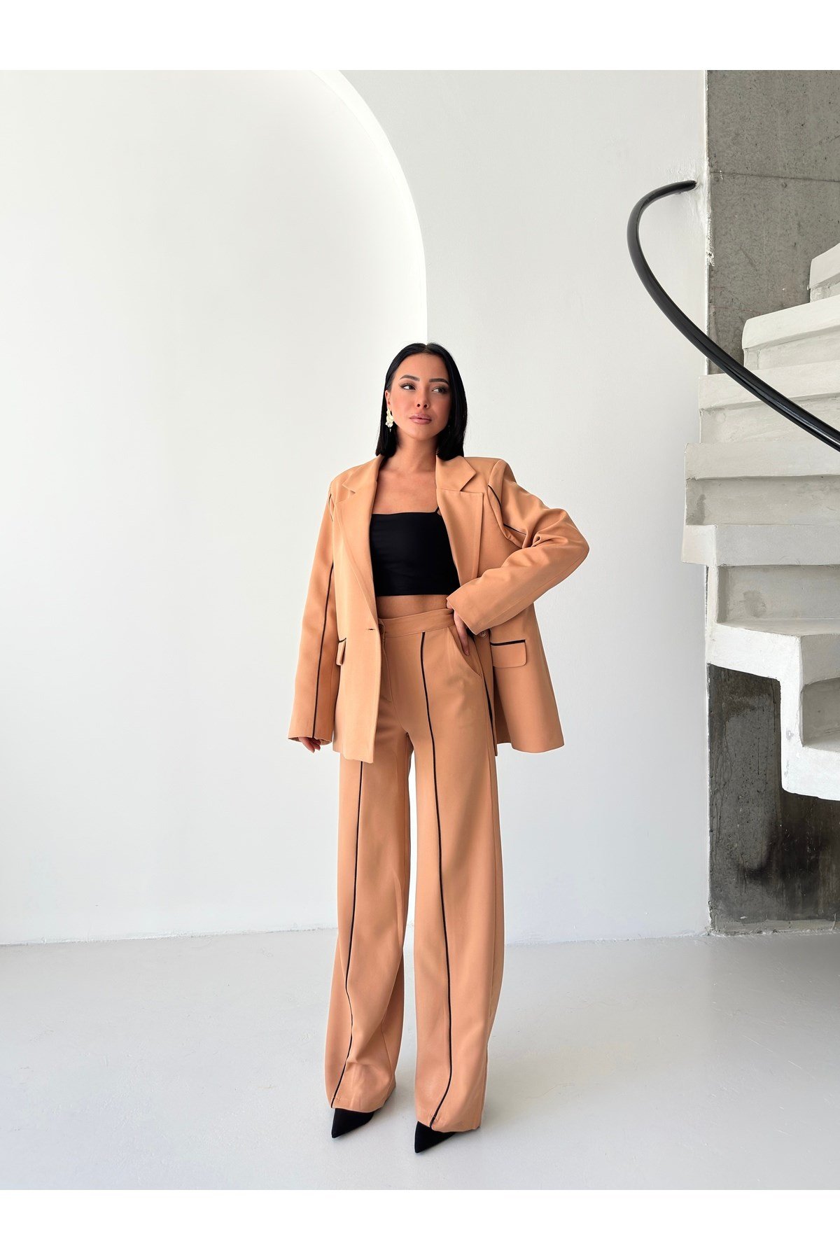 Kadın Çizgi Biyeli Blazer Ceket Pantolon Takım Elbise