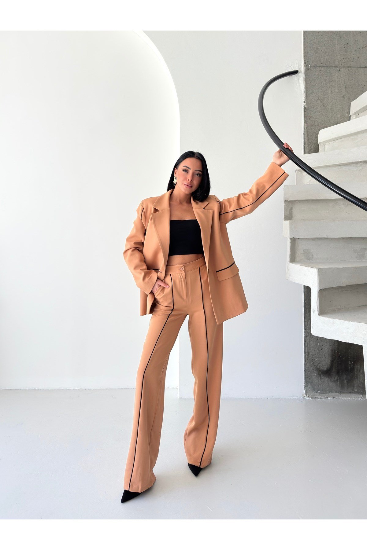 Kadın Çizgi Biyeli Blazer Ceket Pantolon Takım Elbise