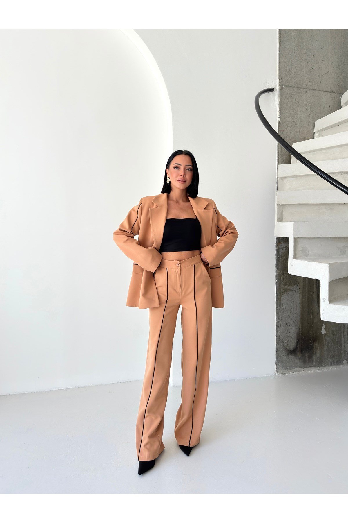 Kadın Çizgi Biyeli Blazer Ceket Pantolon Takım Elbise