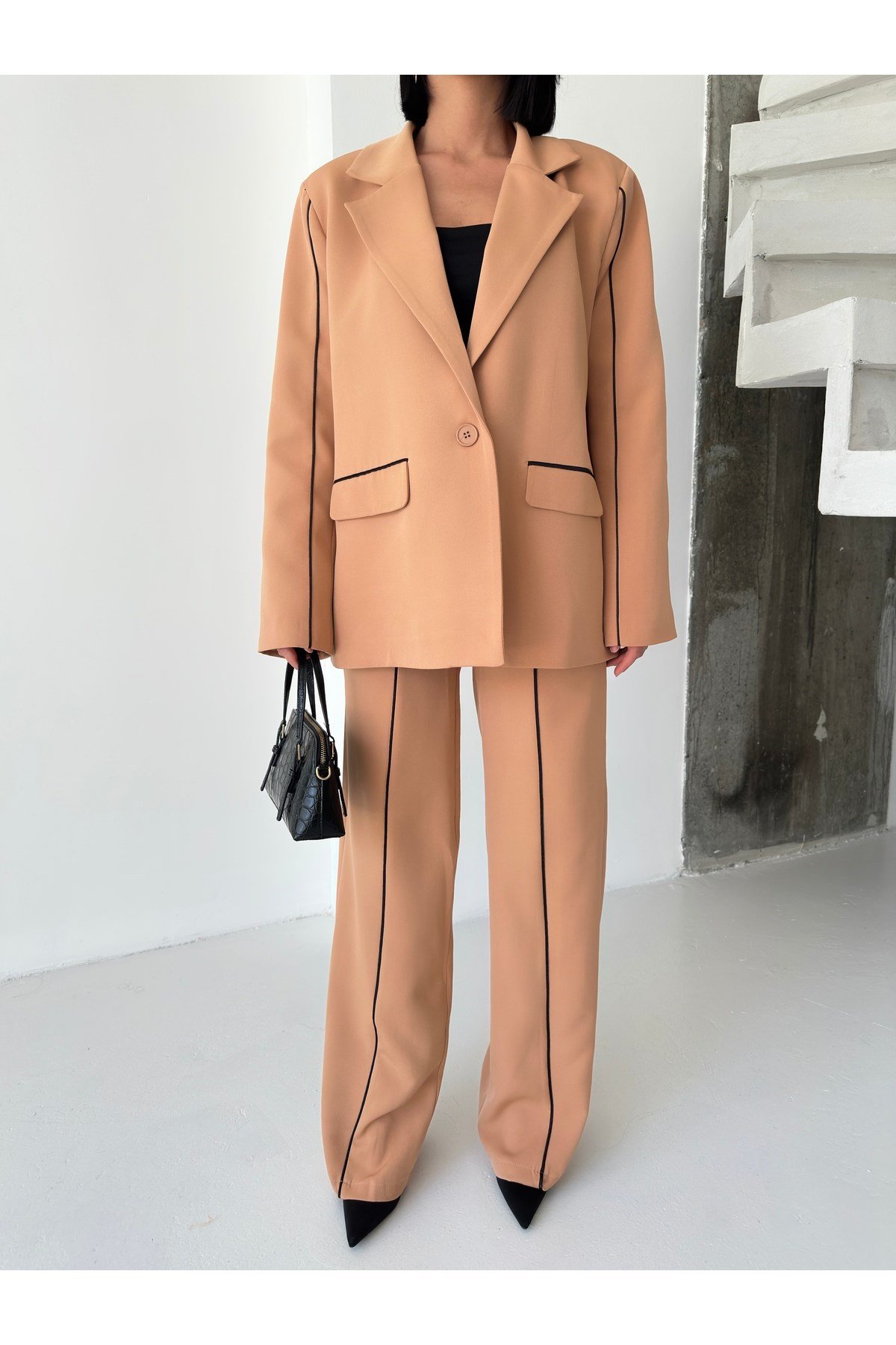 Kadın Çizgi Biyeli Blazer Ceket Pantolon Takım Elbise