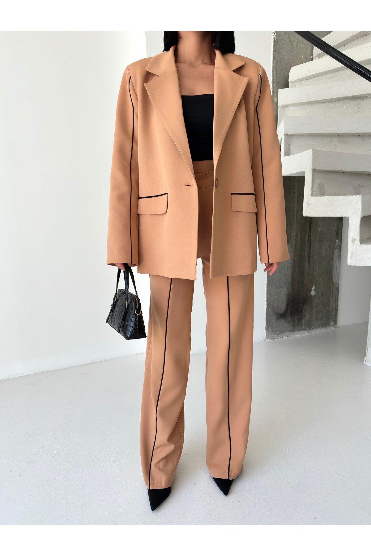 Kadın Çizgi Biyeli Blazer Ceket Pantolon Takım Elbise