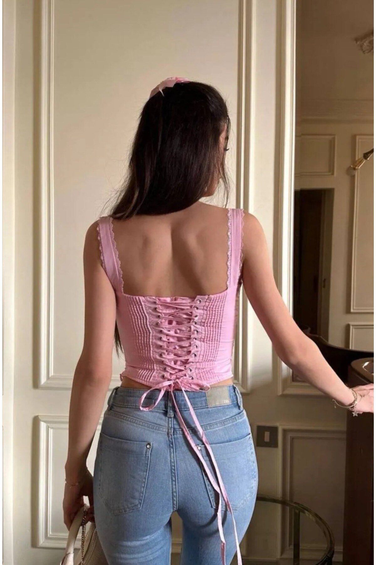 Kadın Dantelli Sırtı Bağlamalı Askılı Büstiyer