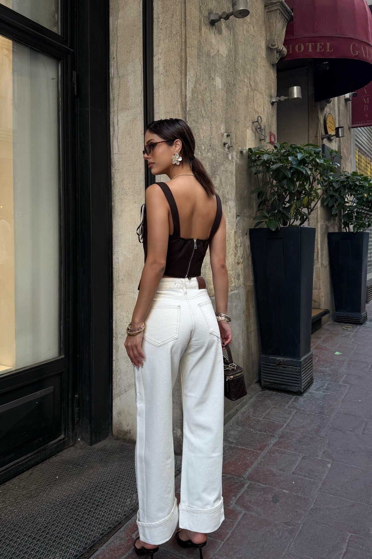 Kadın Ekru Wide Leg Jean Pantolon Dikiş Detaylı Kot