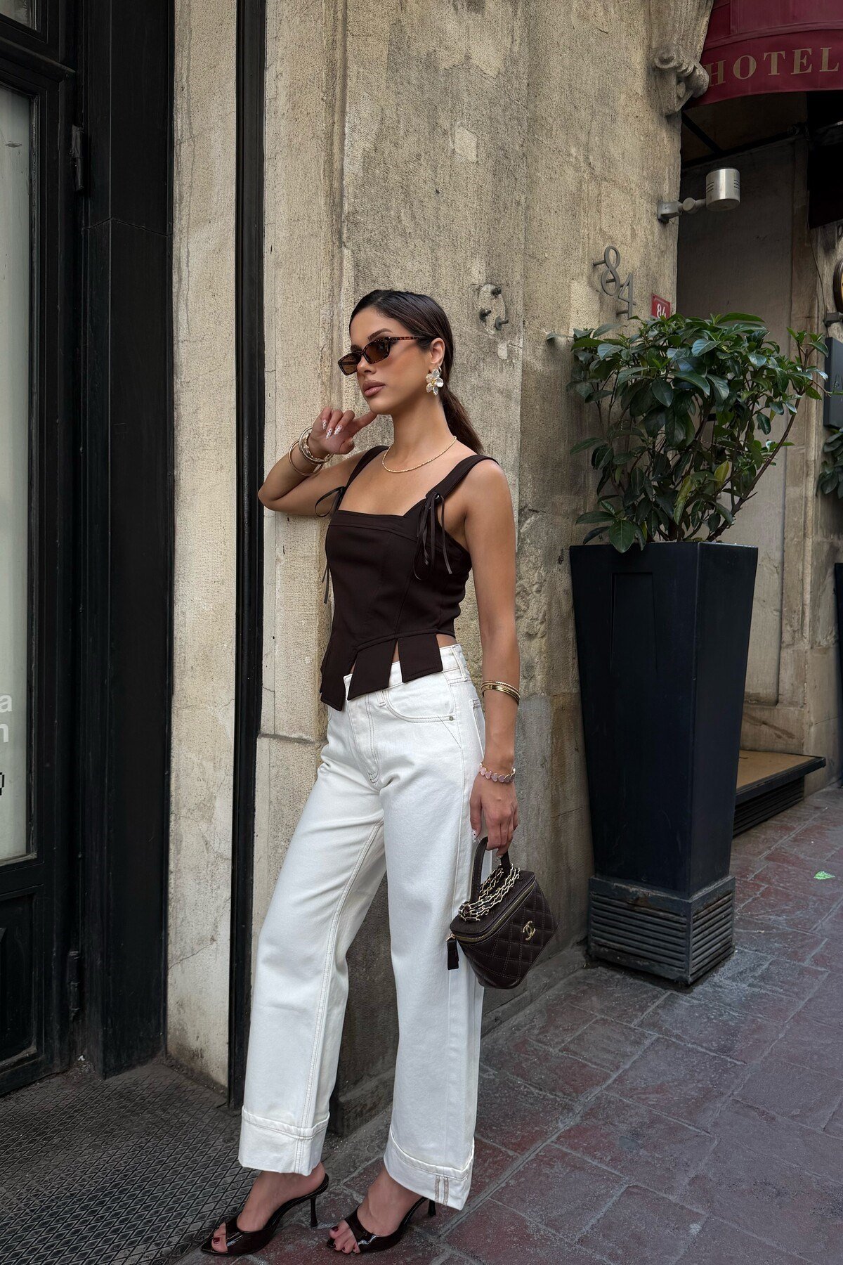 Kadın Ekru Wide Leg Jean Pantolon Dikiş Detaylı Kot