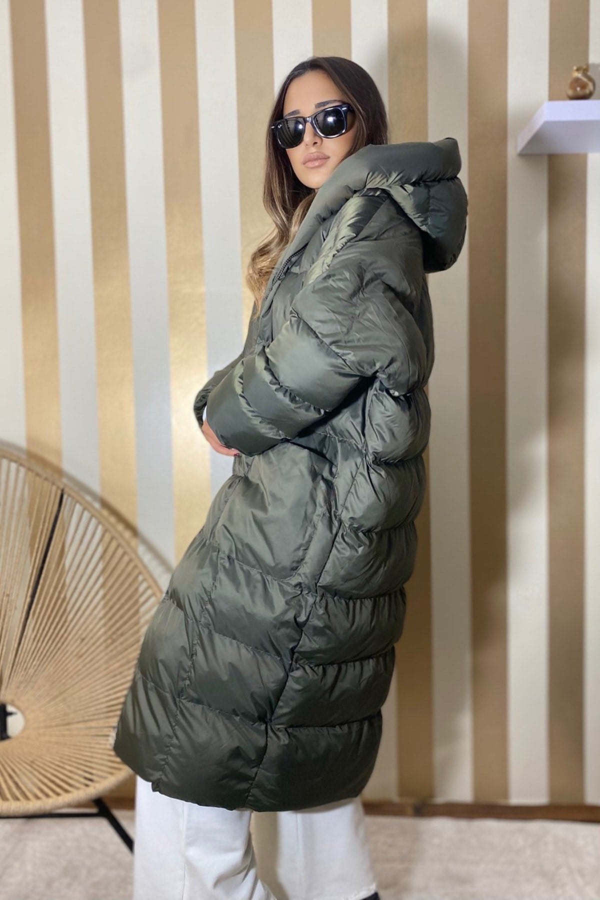 Kadın Haki Kapüşonlu Şişme Uzun Oversize Mont