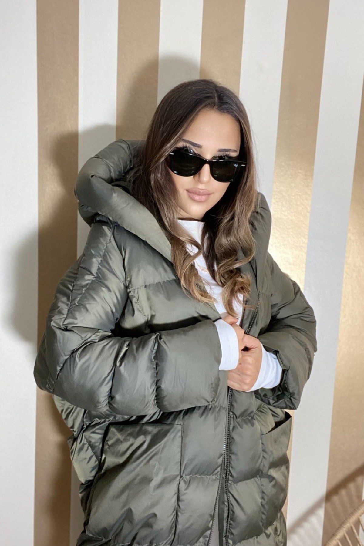 Kadın Haki Kapüşonlu Şişme Uzun Oversize Mont