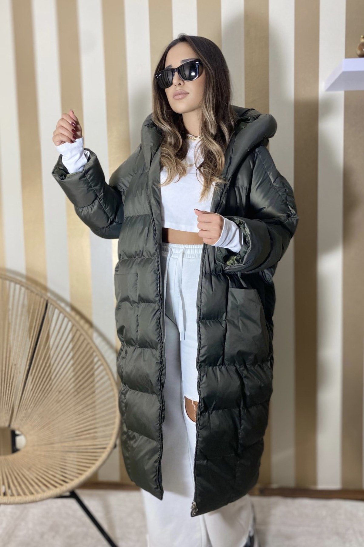 Kadın Haki Kapüşonlu Şişme Uzun Oversize Mont