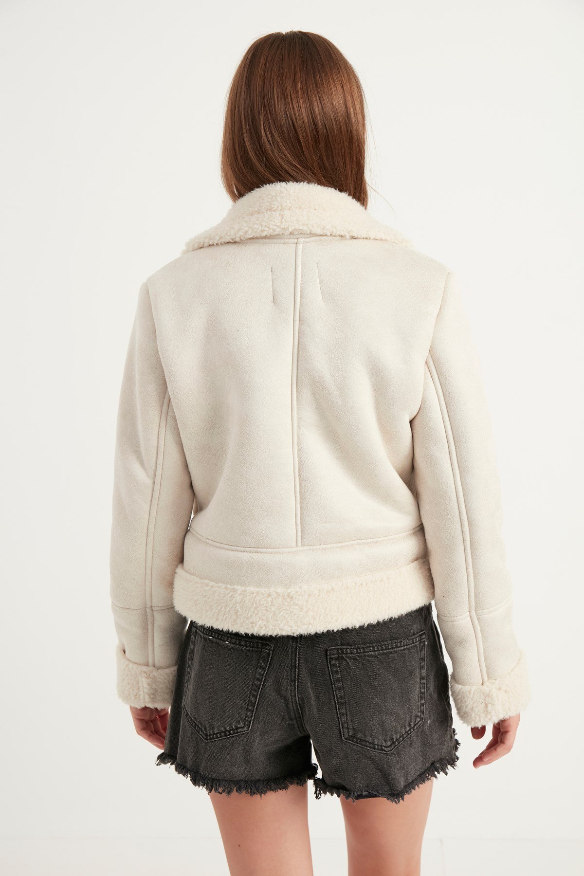 Kadın Içi Kürklü Suni Süet Crop Biker Ceket