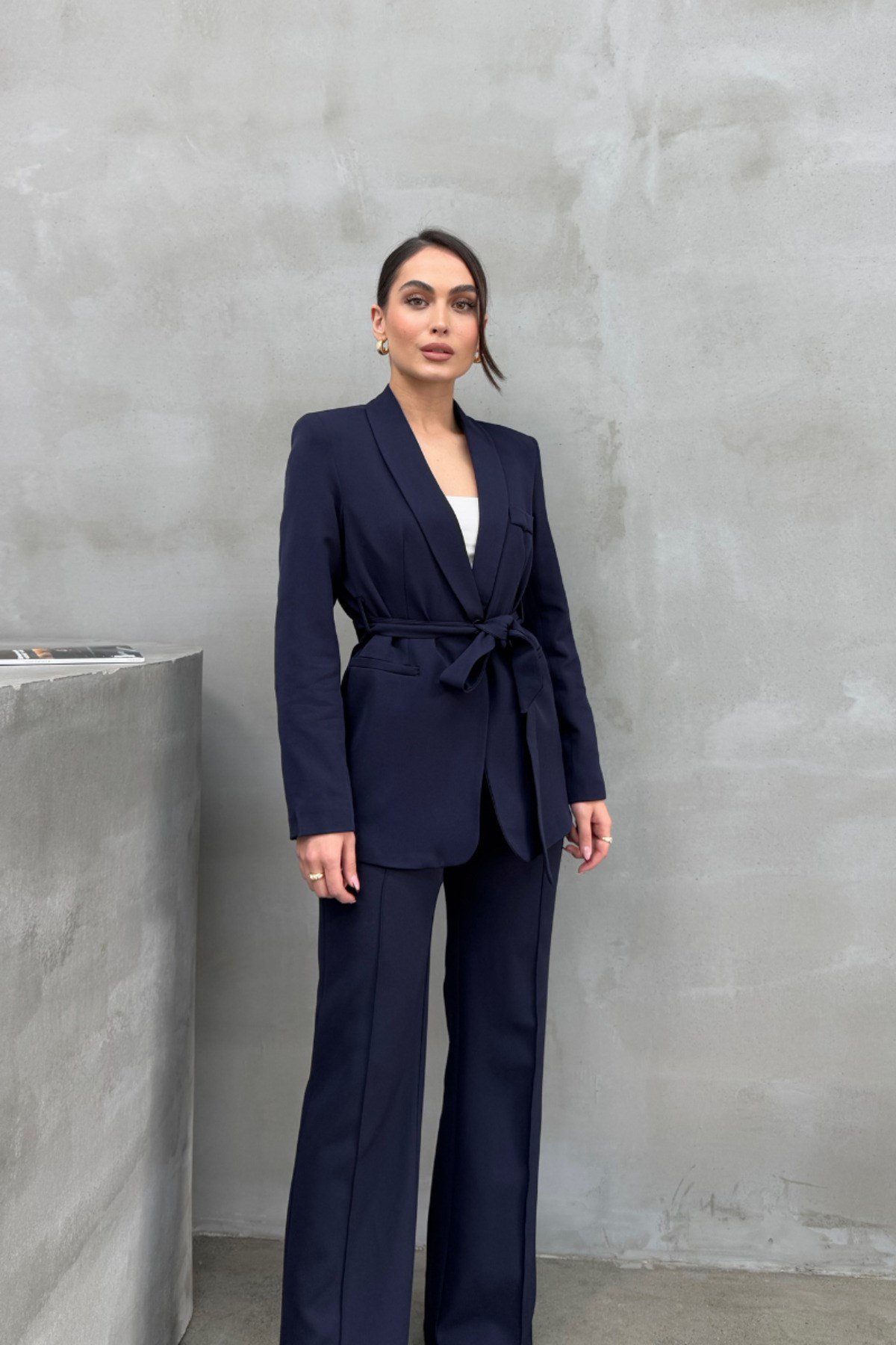 Kadın İkili Kuşaklı Blazer Ceket Pantolon Takım Koyu Lacivert