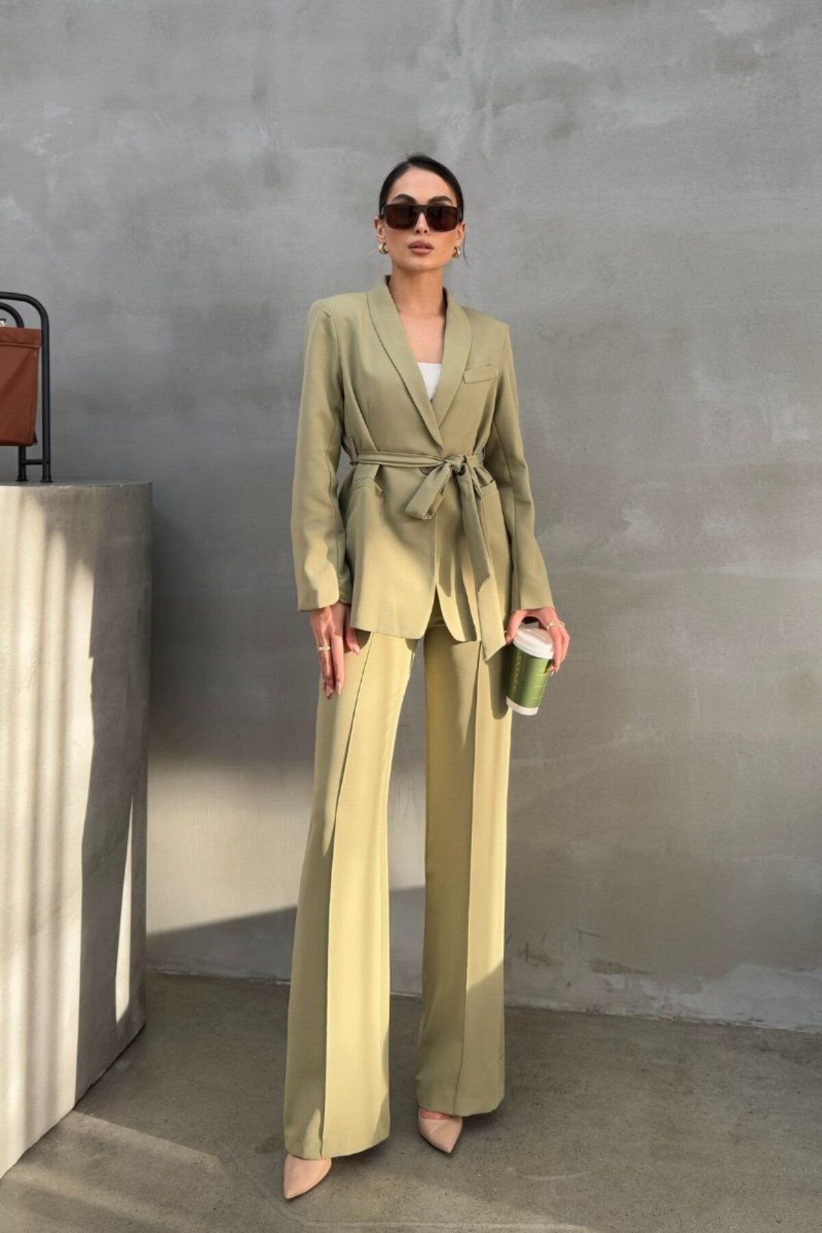 Kadın İkili Kuşaklı Blazer Ceket Pantolon Takım Açık Haki