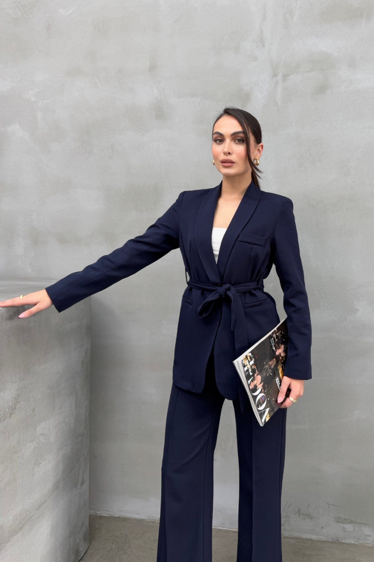 Kadın İkili Kuşaklı Blazer Ceket Pantolon Takım Koyu Lacivert