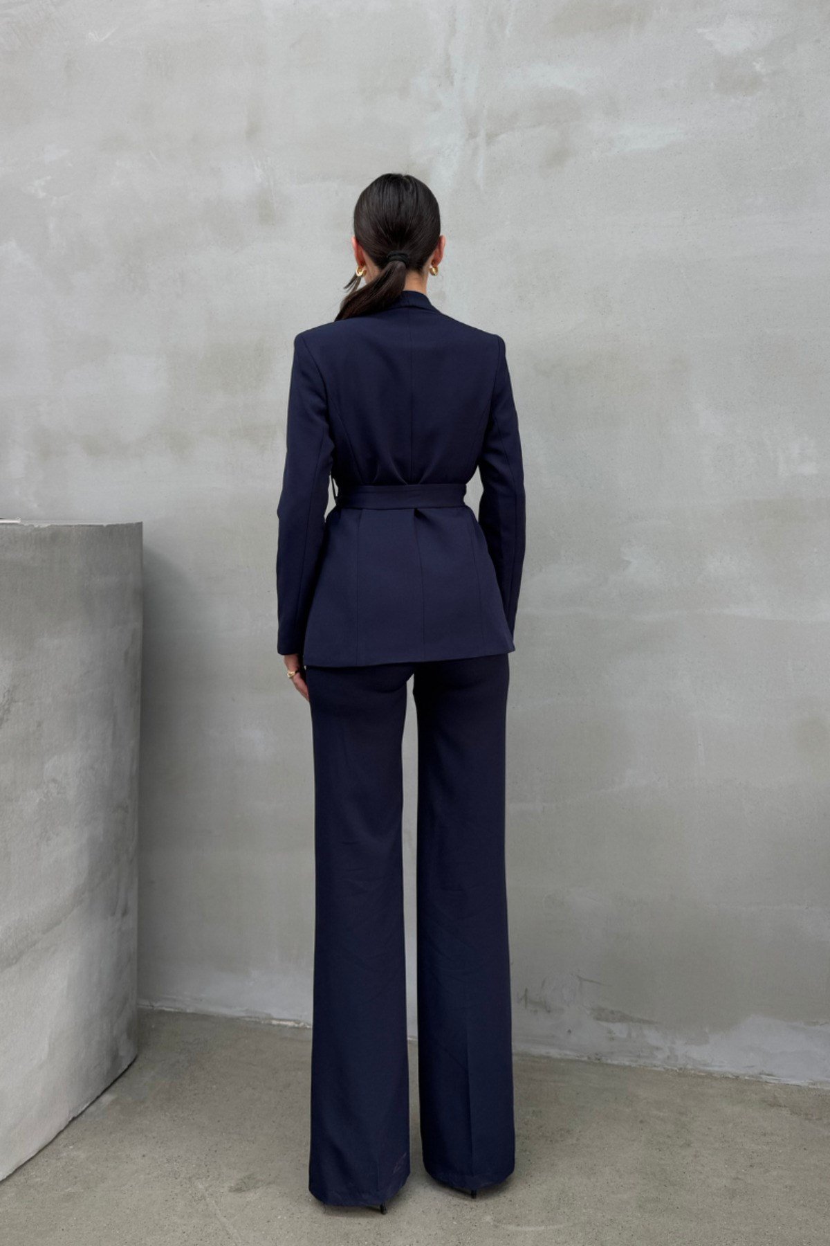 Kadın İkili Kuşaklı Blazer Ceket Pantolon Takım Koyu Lacivert