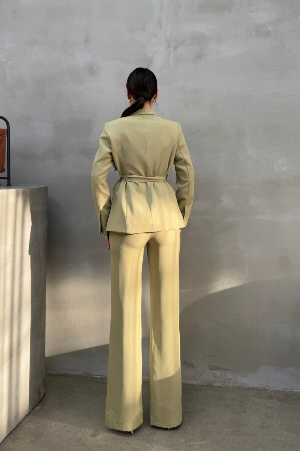 Kadın İkili Kuşaklı Blazer Ceket Pantolon Takım Açık Haki