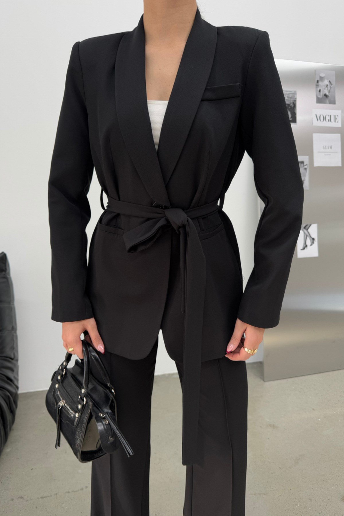 Kadın İkili Kuşaklı Blazer Ceket ve Pantolon Takım Siyah