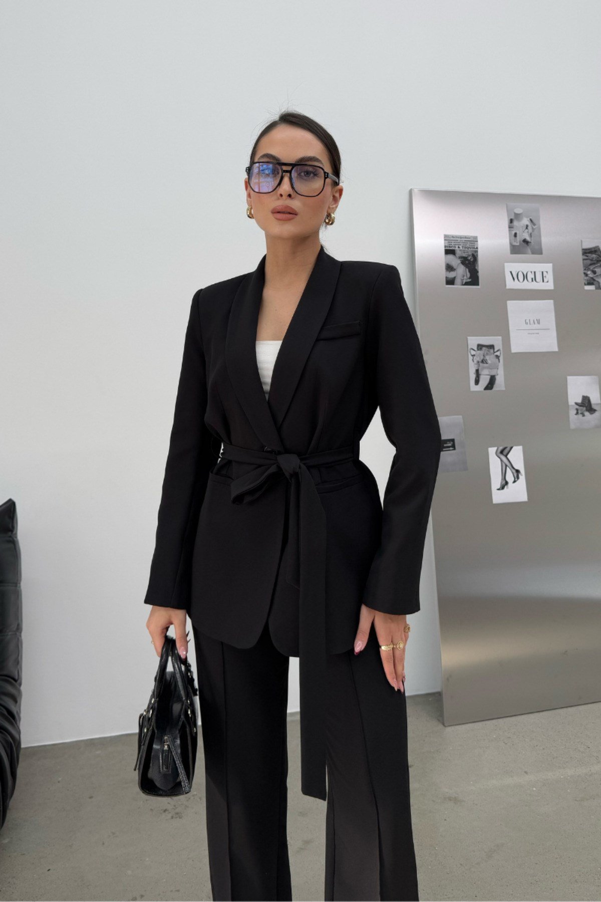 Kadın İkili Kuşaklı Blazer Ceket ve Pantolon Takım Siyah