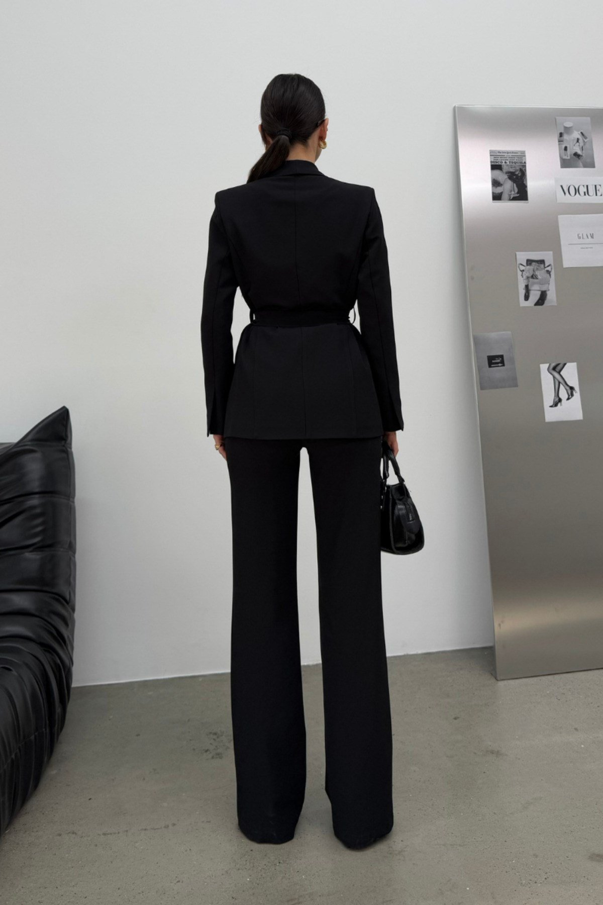 Kadın İkili Kuşaklı Blazer Ceket ve Pantolon Takım Siyah