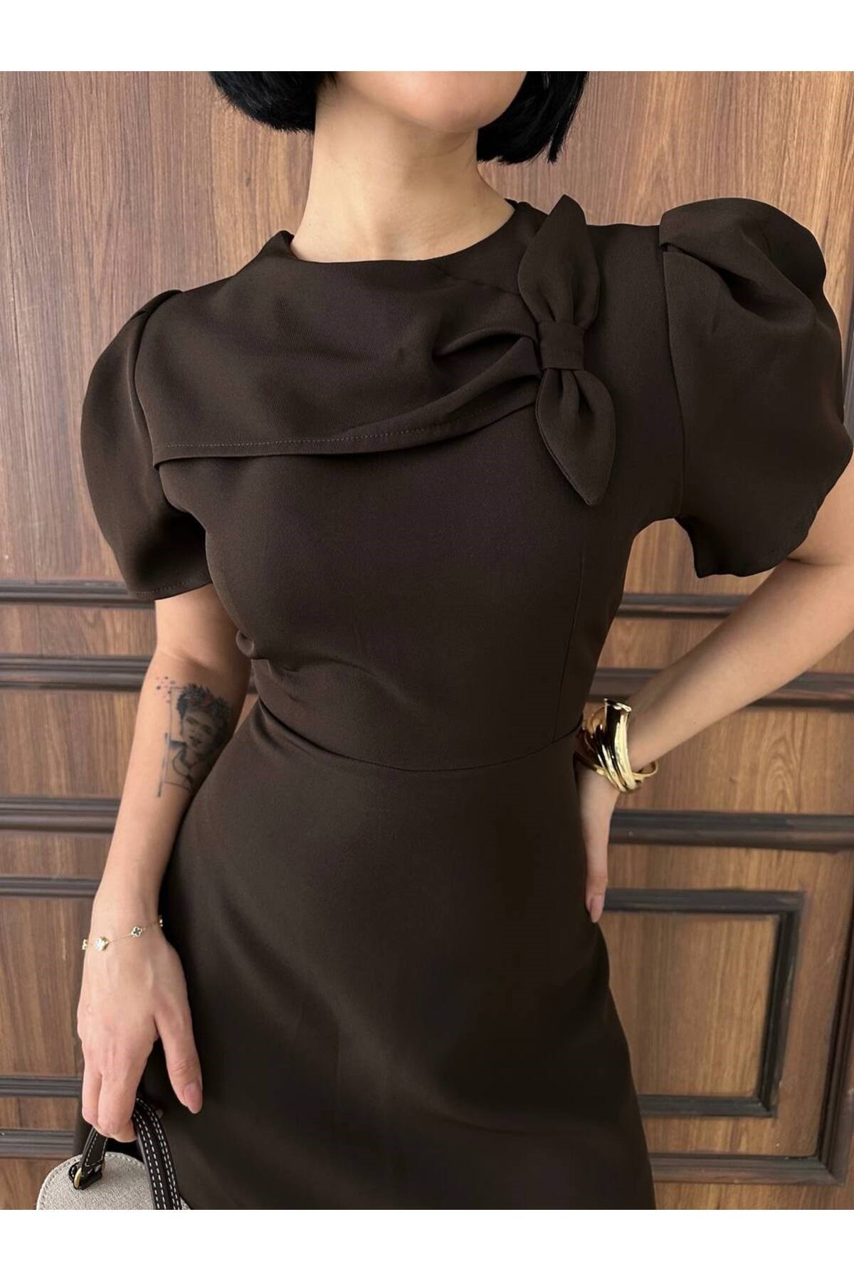 Kadın Kahve Şık Nikah Ve Davet Elbisesi Midi Boy
