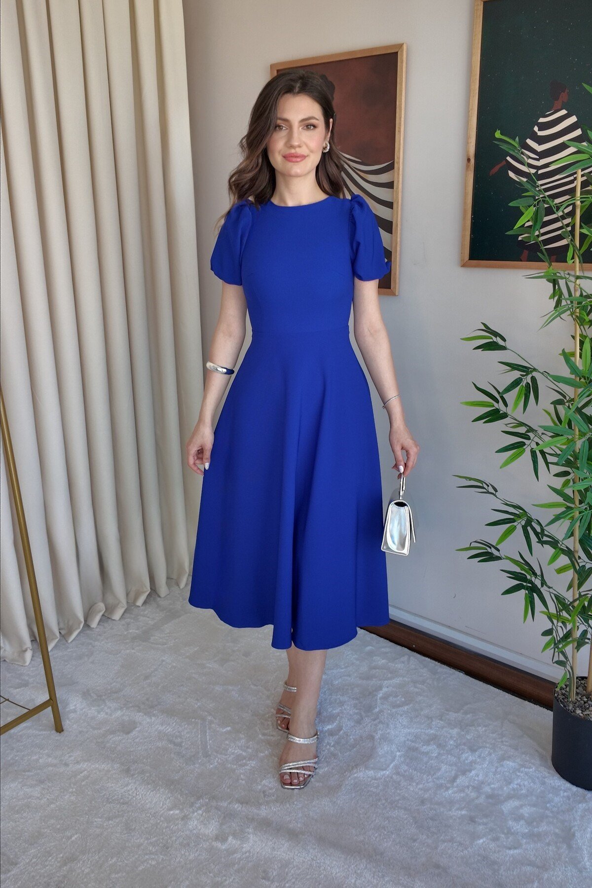 Kadın Karpuz Kollu Midi Boy Elbise