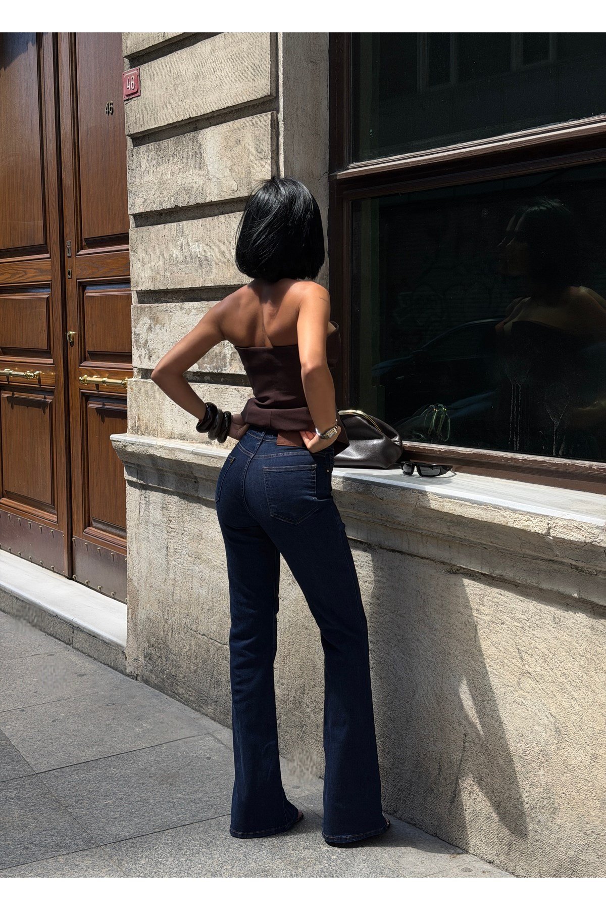 Kadın Koyu Mavi Yüksek Bel Flare Bootcut Denim Pantolon