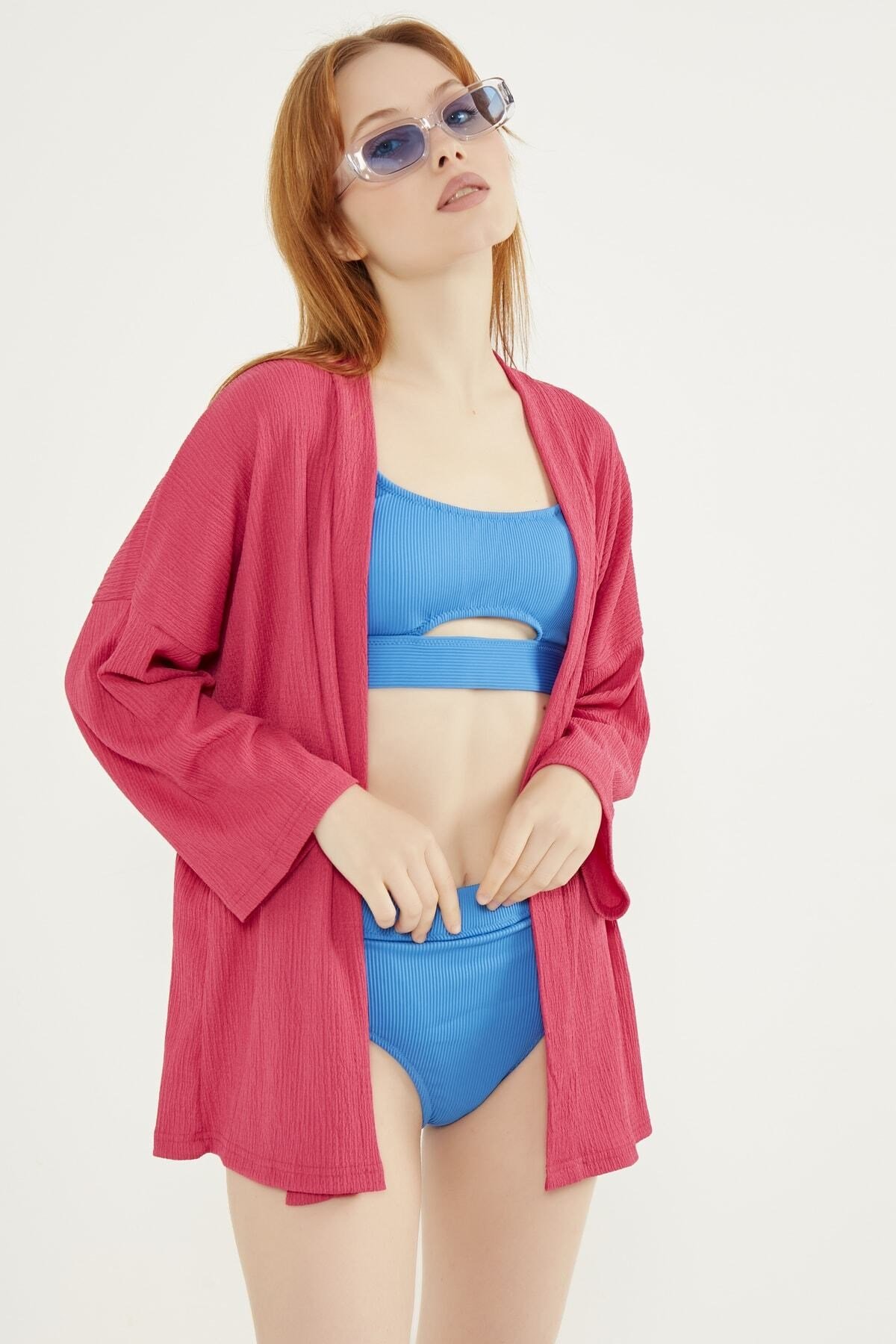 Kadın Koyu Pembe Katlı Yaka Boyfriend Örme Ceket