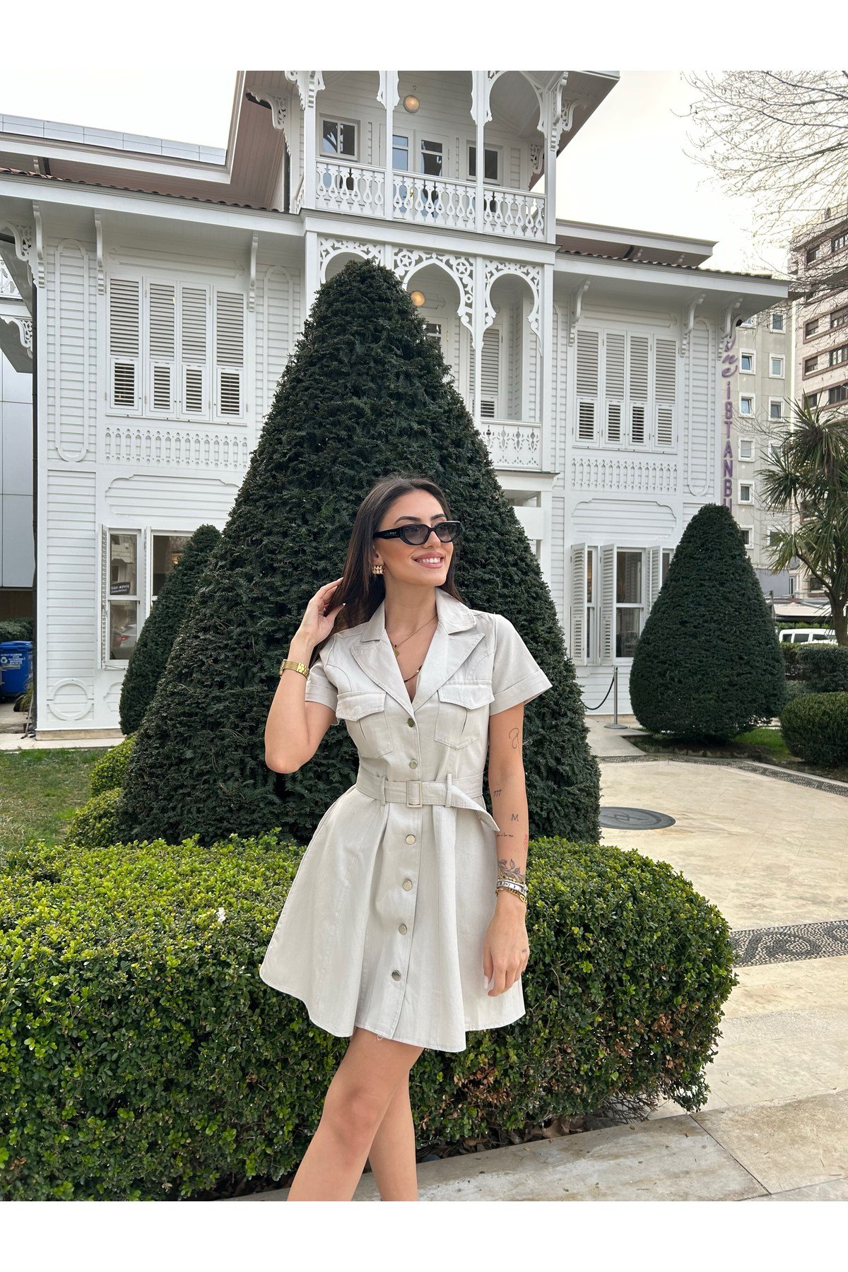 Kadın Krem Gabardin Kemerli Elbise