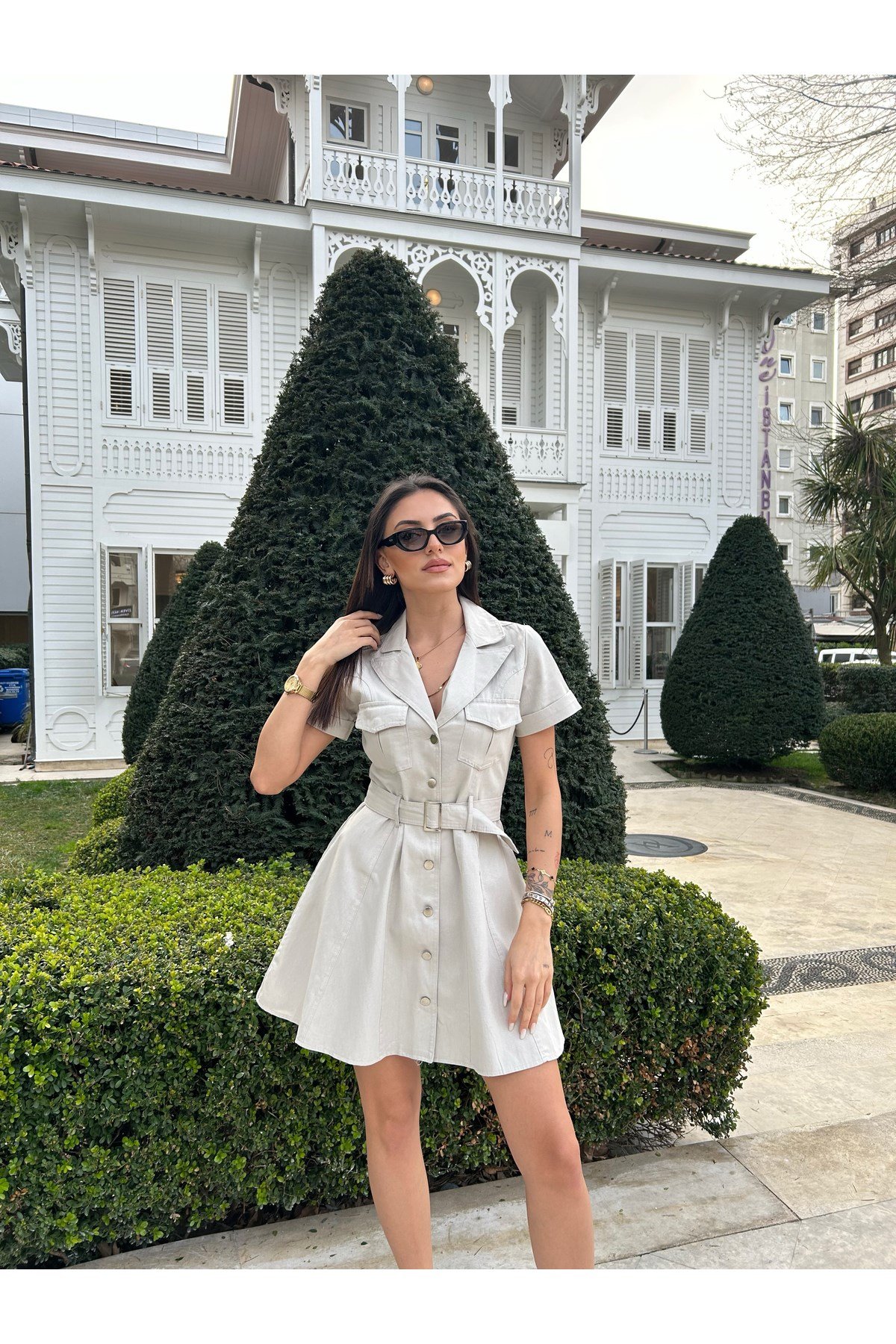 Kadın Krem Gabardin Kemerli Elbise
