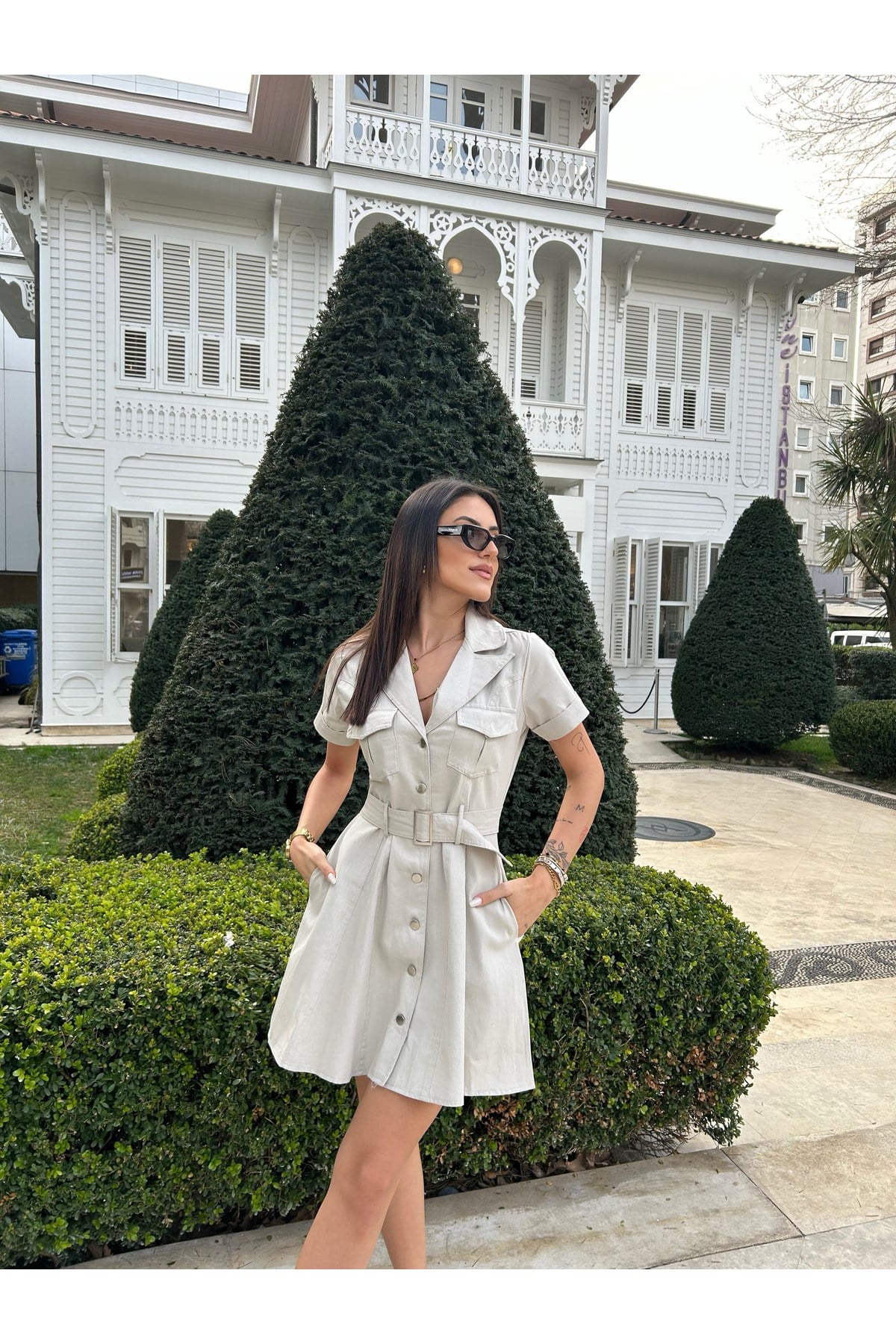 Kadın Krem Gabardin Kemerli Elbise